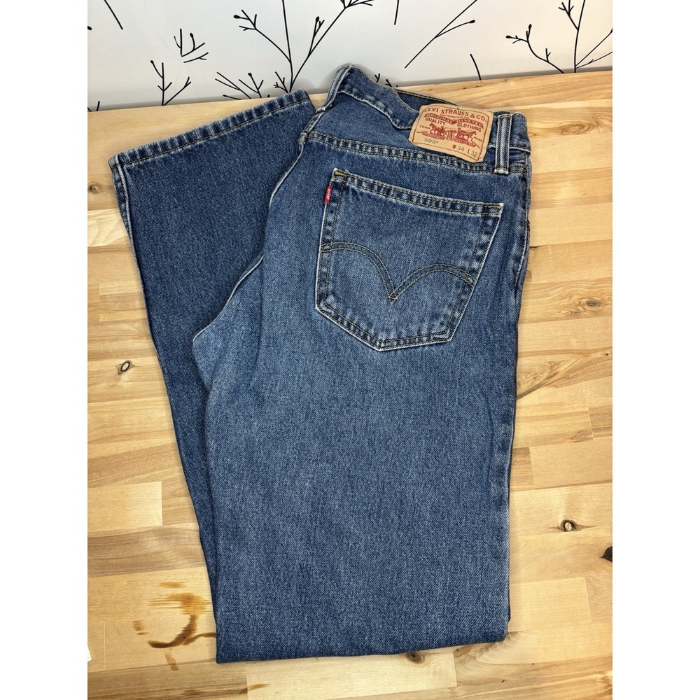 Levi's Men's 34x32 Blue Straight Fit Denim Jeans 505 Medium Wash 100% Cotton